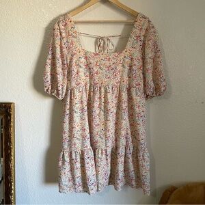 BCBGeneration Multicolor Floral Square Neck Babydoll Peasant Puff Sleeve Dress